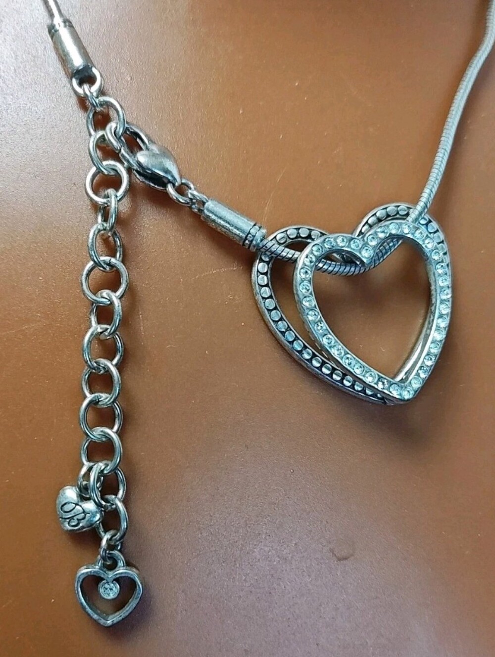 Brighton 3D Double Open Heart Pendant Necklace Silver Plated Snake Chain Y2K Vtg